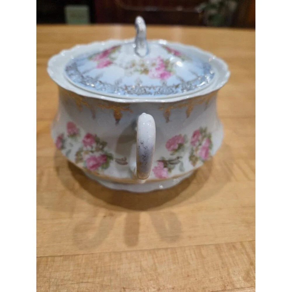 Antique Elbogen Austria Porcelain Sugar Bowl Pink Roses Gold Gilt Vanity Dish